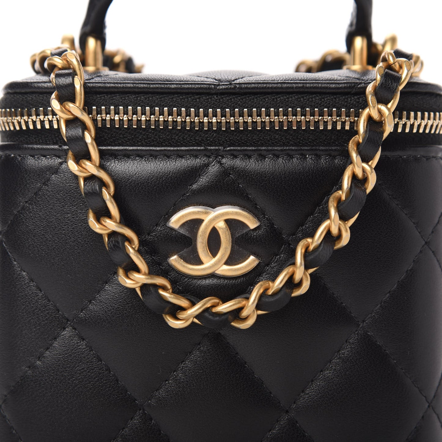 Lambskin Quilted Top Handle Mini Vanity Case With Chain Black