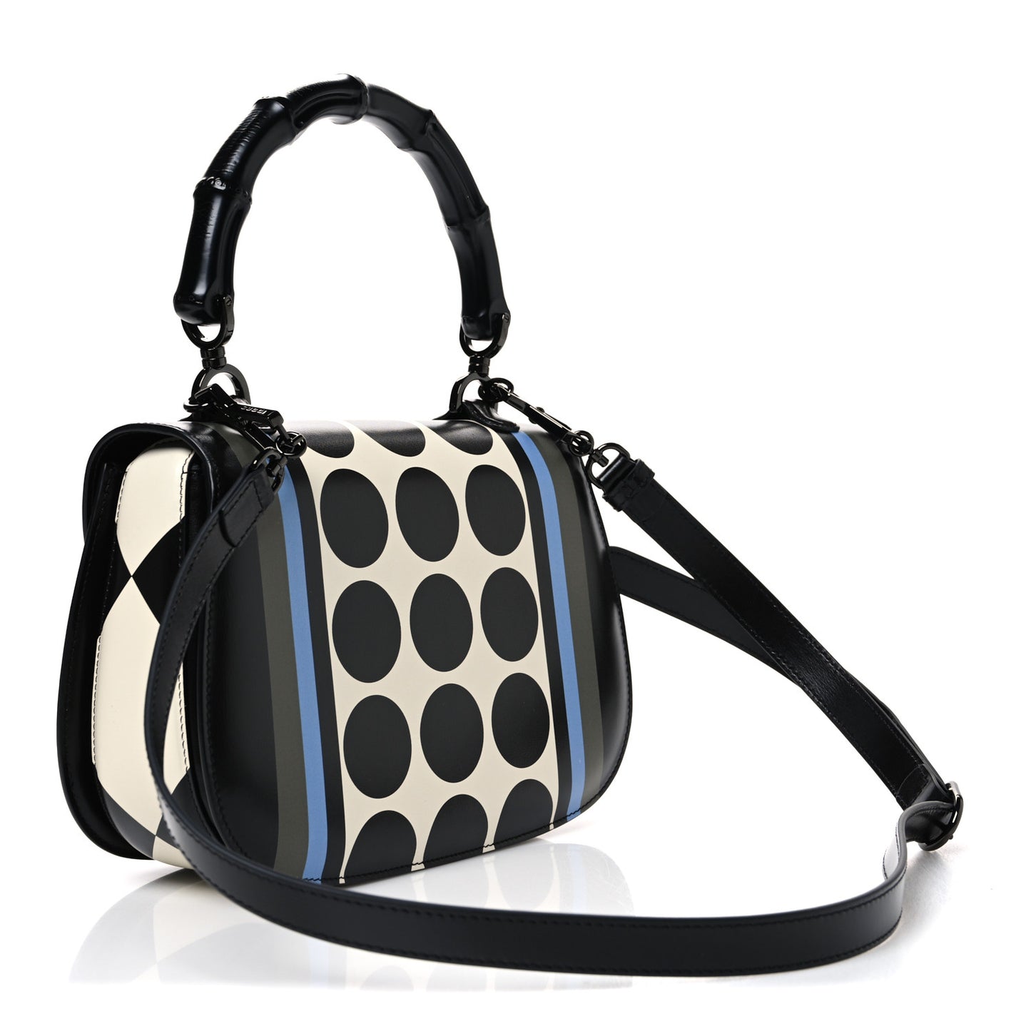 Calfskin Geometric Print Medium Bamboo 1947 Top Handle Bag Black Multicolor