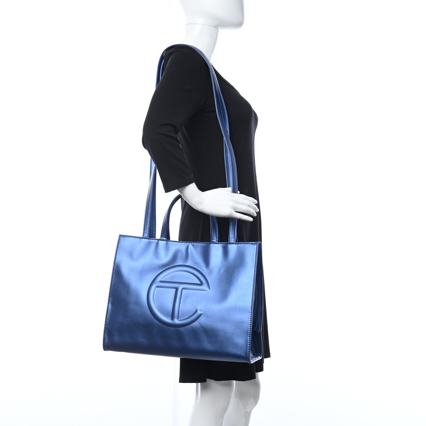 Metallic Vegan Leather Medium Shopping Bag Cobalt