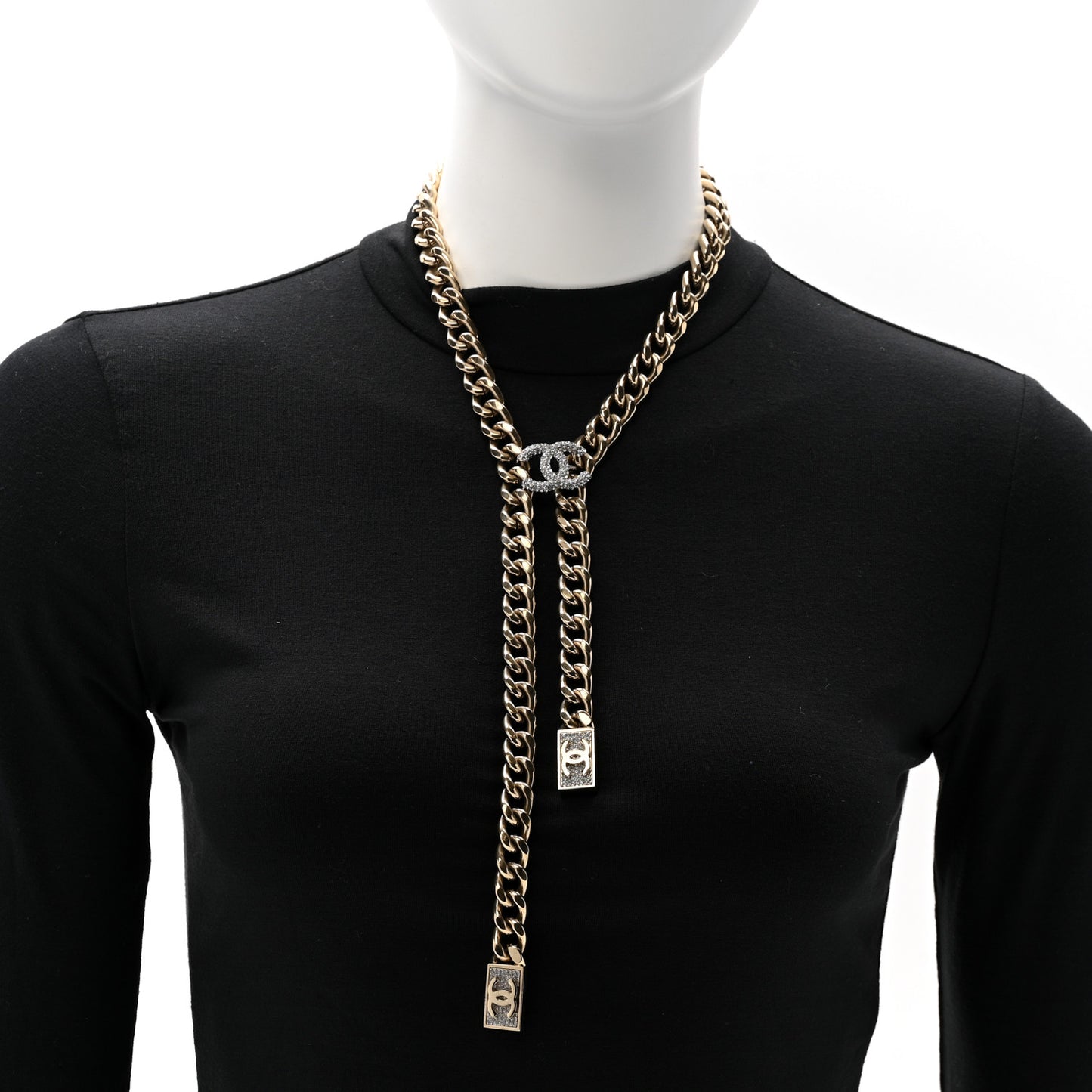 Chain Link Crystal CC Dog Tag Charm Necklace Gold