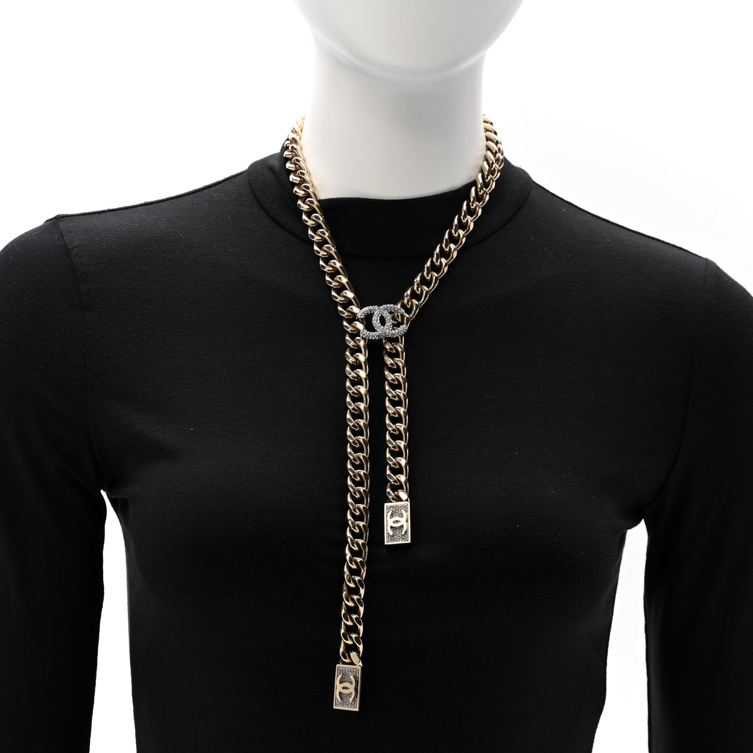 Chanel Chain Link Crystal CC Dog Tag Charm Necklace Gold 2 of 8