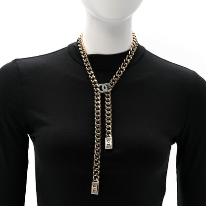 Chanel Chain Link Crystal CC Dog Tag Charm Necklace Gold 2 of 8