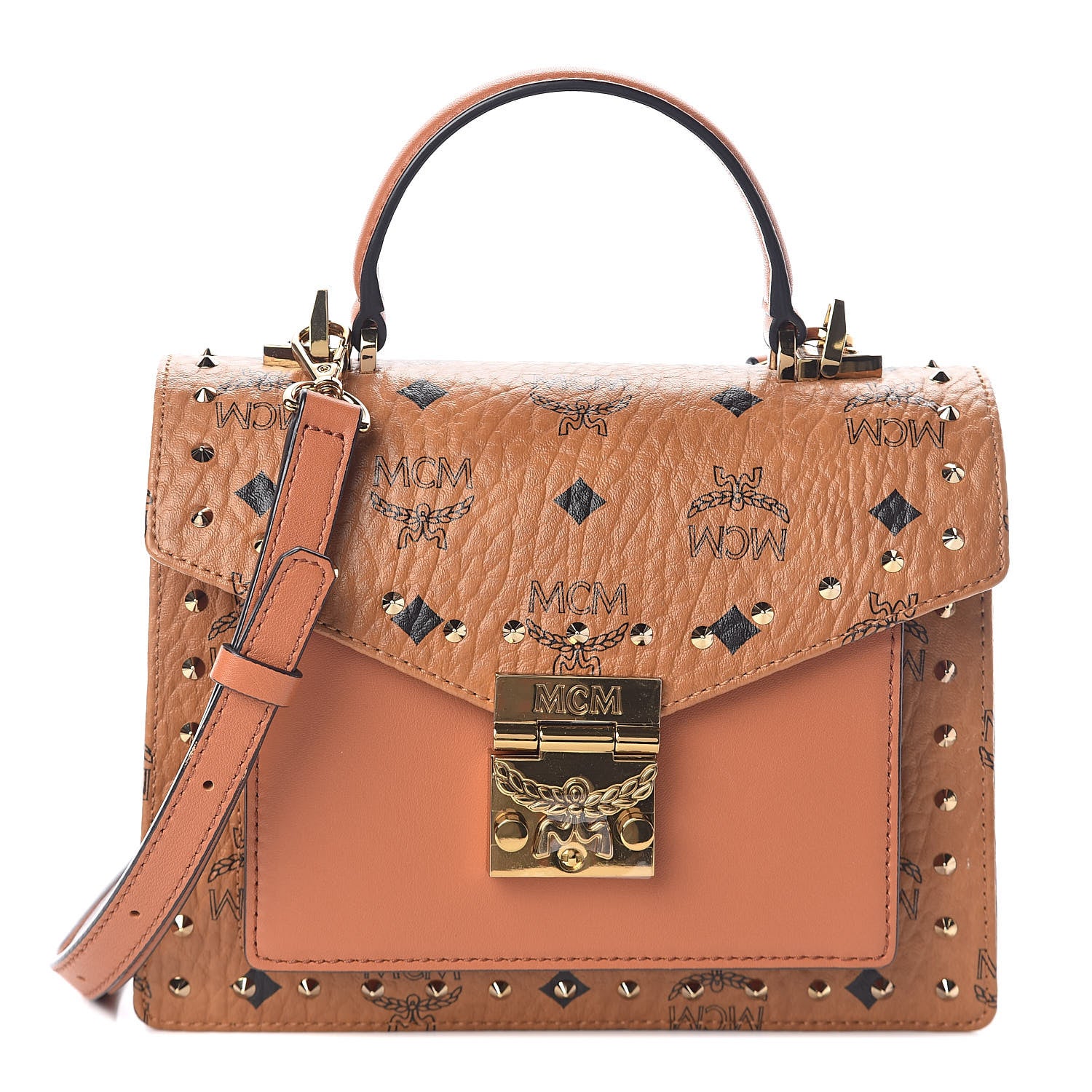 MCM Visetos Studded Small Patricia Satchel Cognac 1 of 8