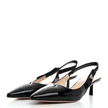 Prada Vernice Metal Triangle Logo Pointed Toe 55mm Slingback Pumps 39 Black 3 of 8