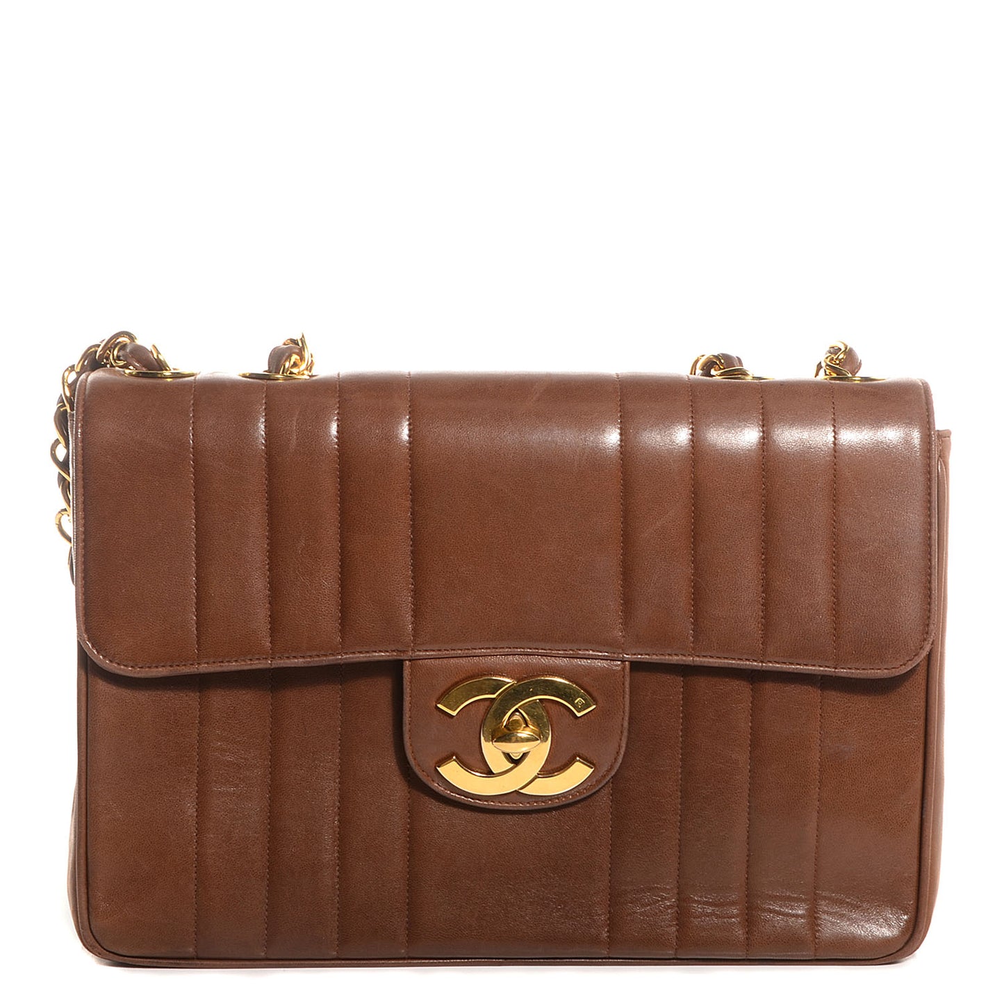 Lambskin Vertical Quilt Jumbo Flap Brown