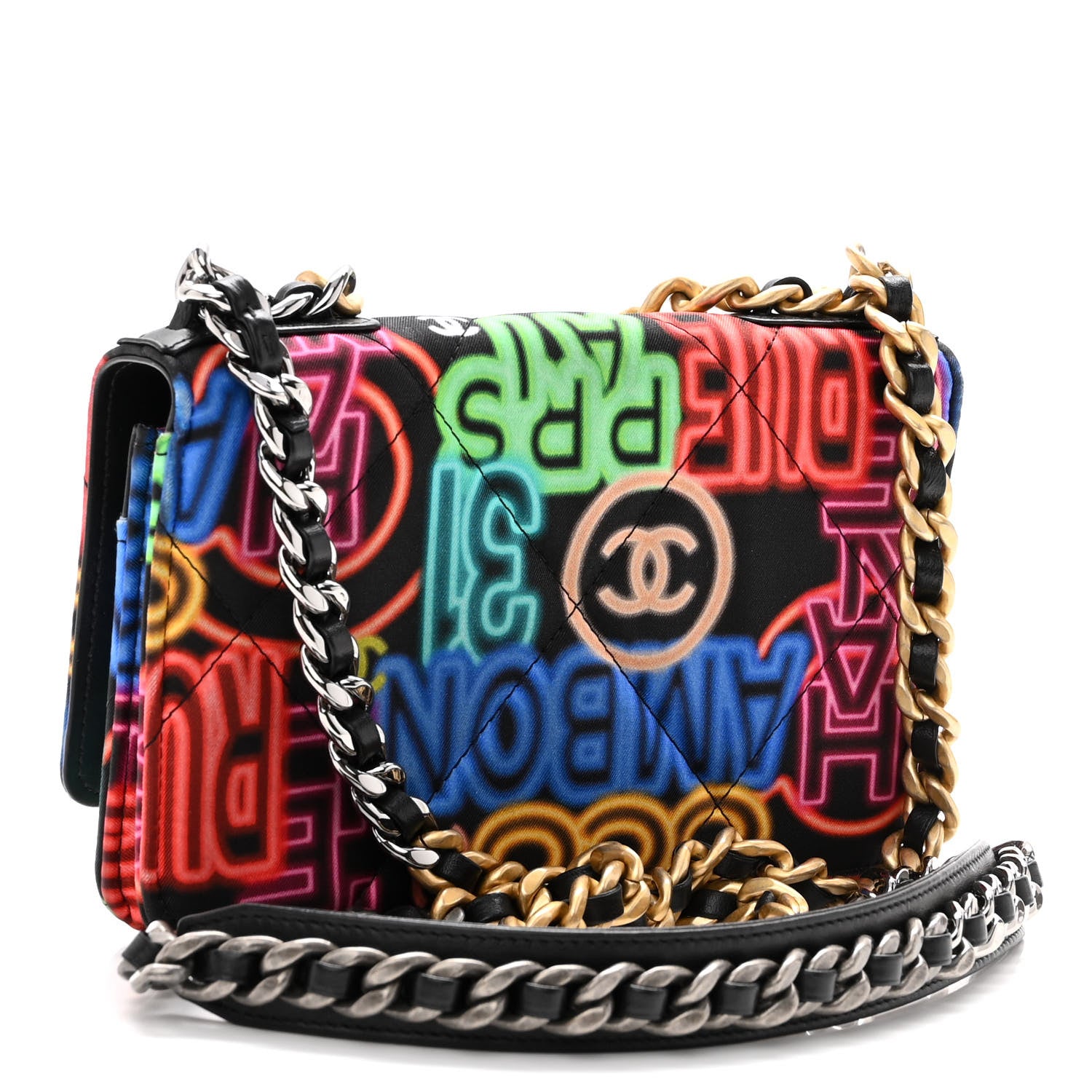 Chanel Fabric Printed Chanel 19 Wallet On Chain WOC Black Multicolor 3 of 12