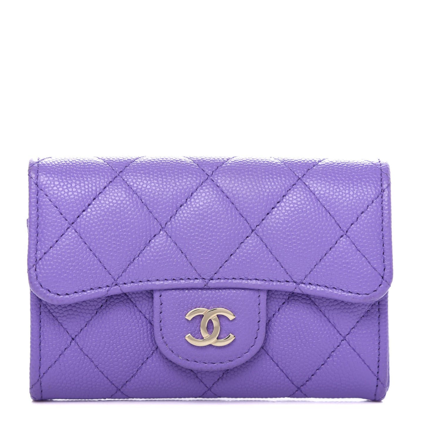 Caviar Quilted Flap Card Holder Wallet Purple
