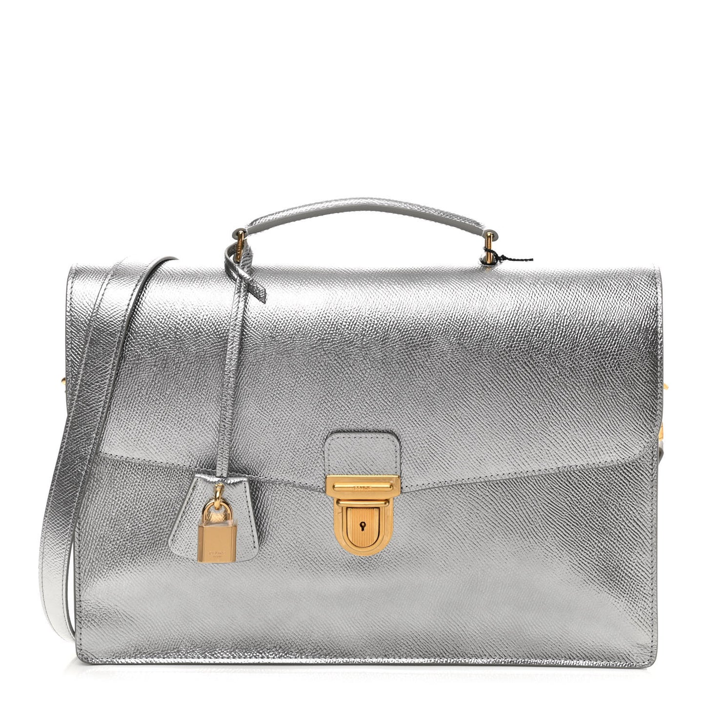 Laminated Grained Calfskin Cartable Small Briefcase Silver