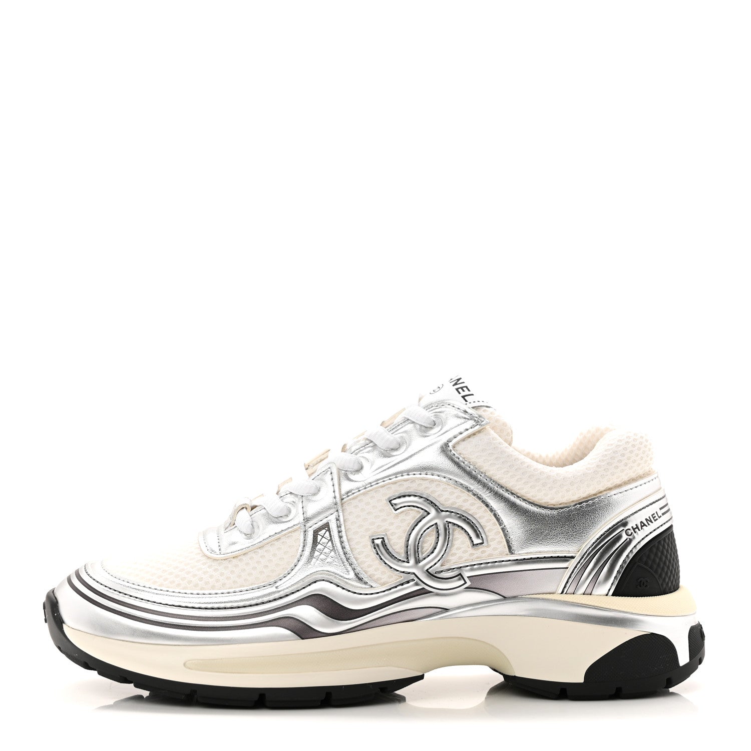 Chanel Fabric Laminated Calfskin Stretch CC Womens Sneakers 37.5 White Silver 1 of 9