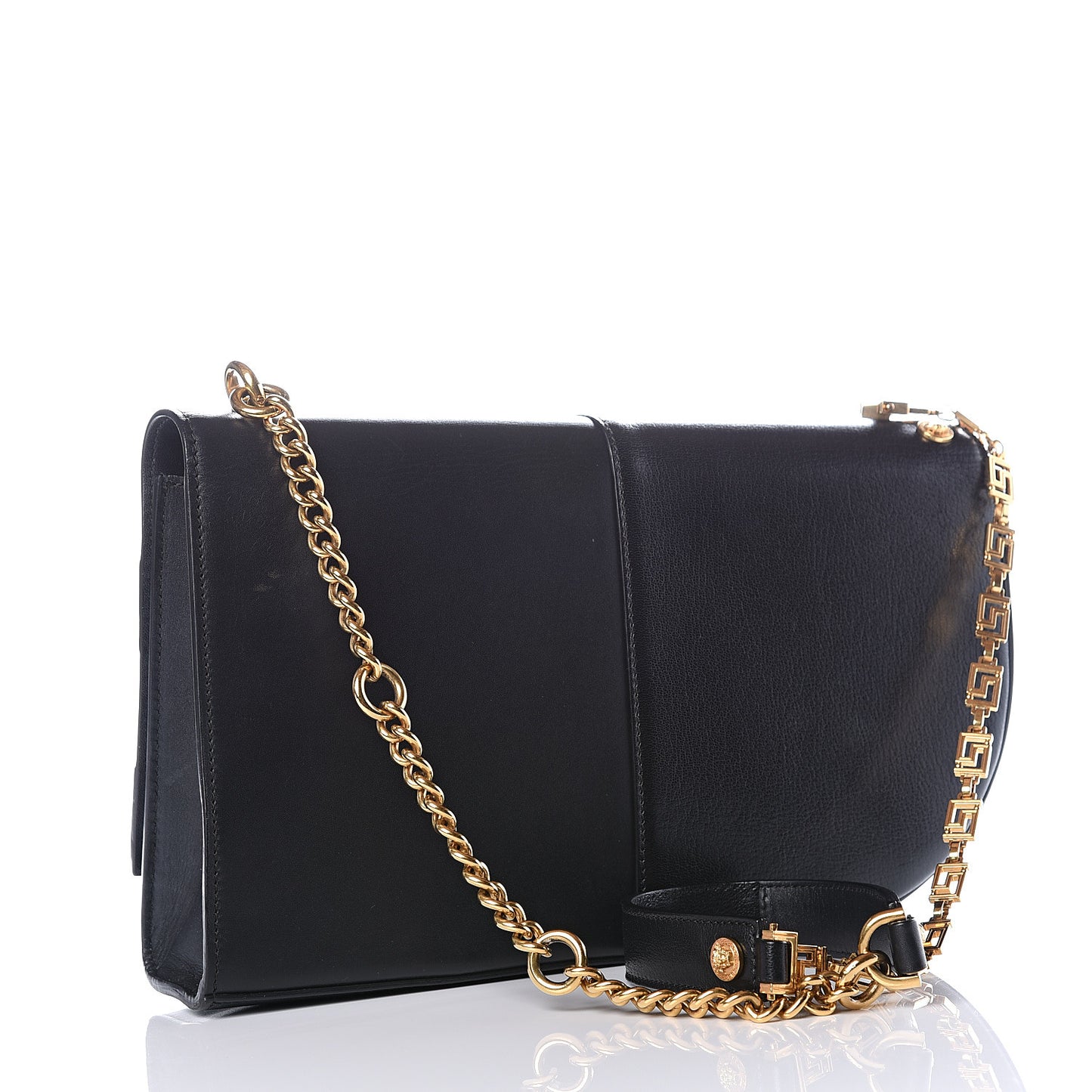 Calfskin Goatskin Medallion Tribute Chain Shoulder Bag Black