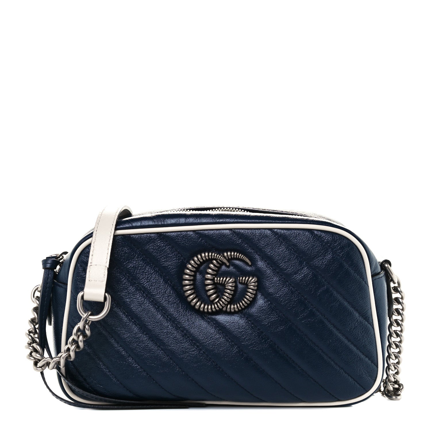 Gucci Vintage Effect Calfskin Matelasse Diagonal Small Torchon GG Marmont Chain Shoulder Bag Blue Agata Mystic White 1 of 11