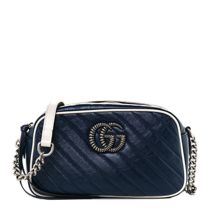 Gucci Vintage Effect Calfskin Matelasse Diagonal Small Torchon GG Marmont Chain Shoulder Bag Blue Agata Mystic White 1 of 11