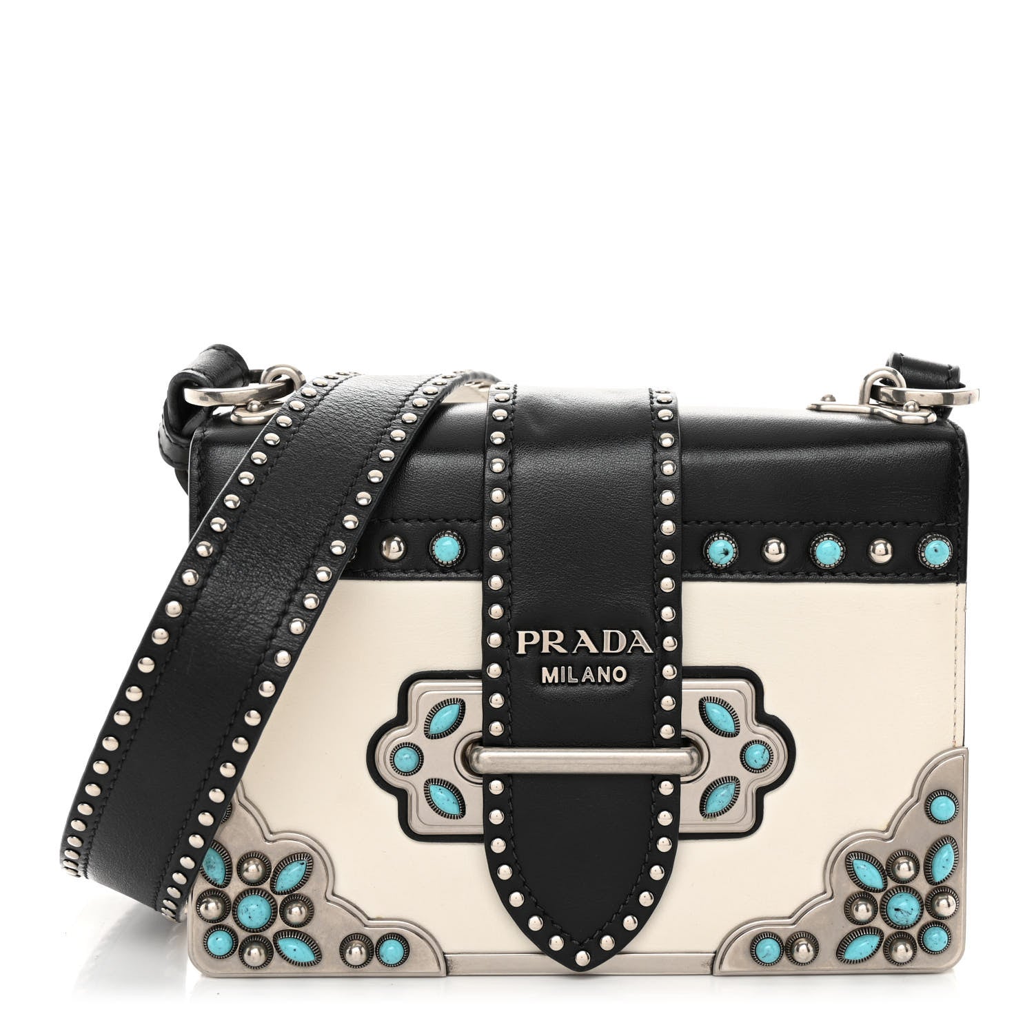 Prada City Calf Studded Folk Cahier Bag Black White 1 of 10