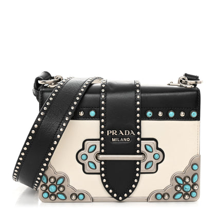 Prada City Calf Studded Folk Cahier Bag Black White 1 of 10