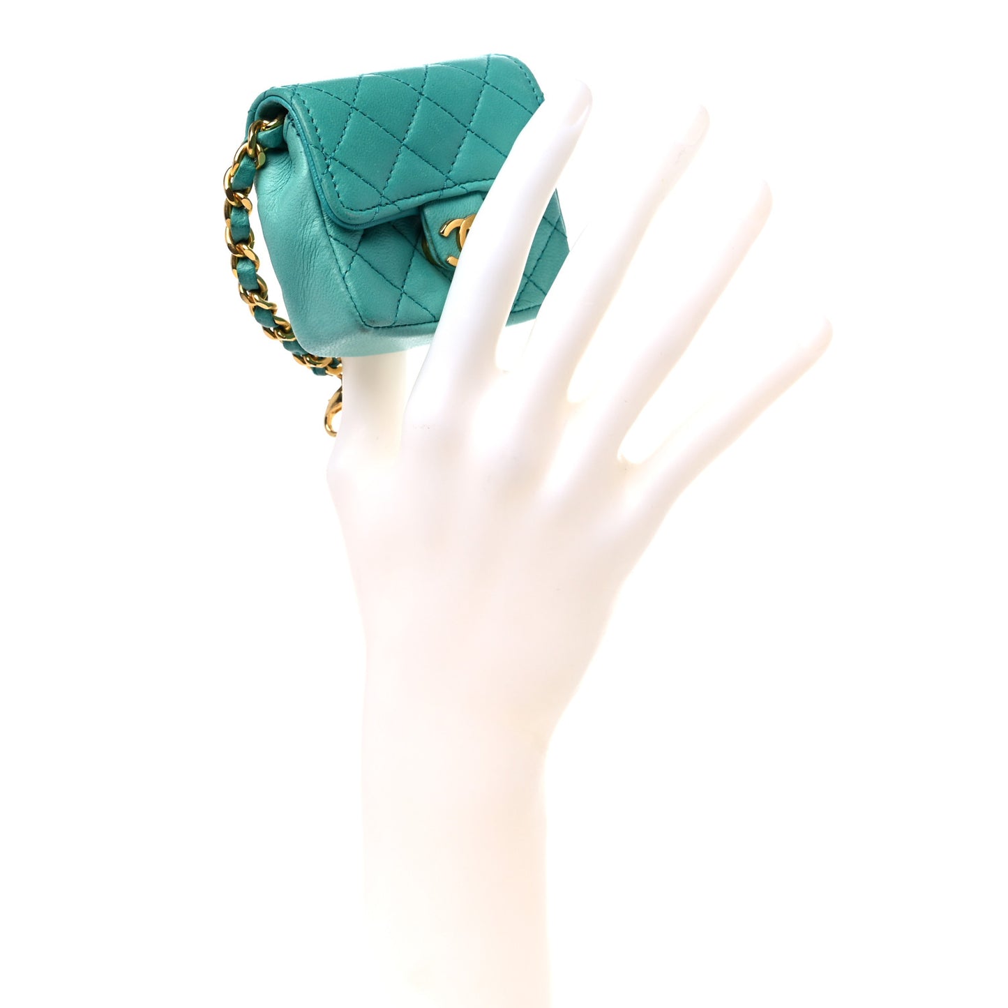 Lambskin Quilted Mini Pouch Bag Charm Keychain Turquoise