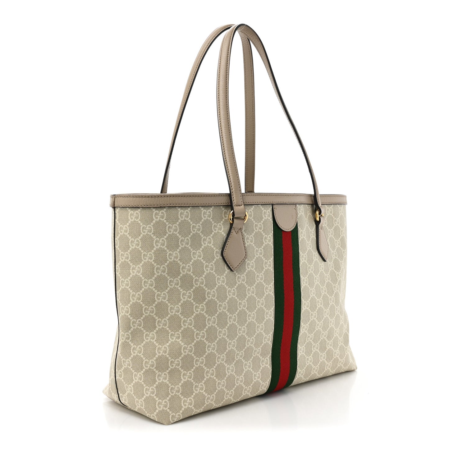 GG Supreme Monogram Textured Dollar Calfskin Web Medium Ophidia Shopping Tote Beige Mystic White Oatmeal