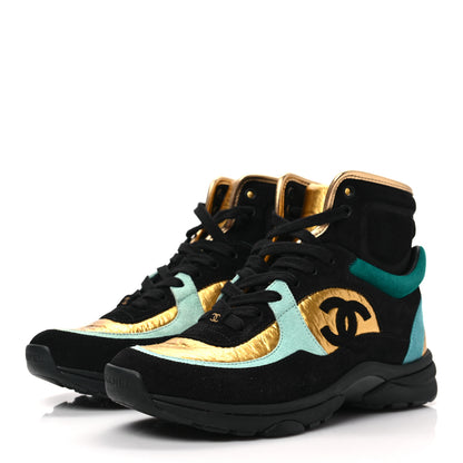 Chanel Suede Calfskin Fabric CC High Top Sneakers 37 Black Turquoise Gold 3 of 7