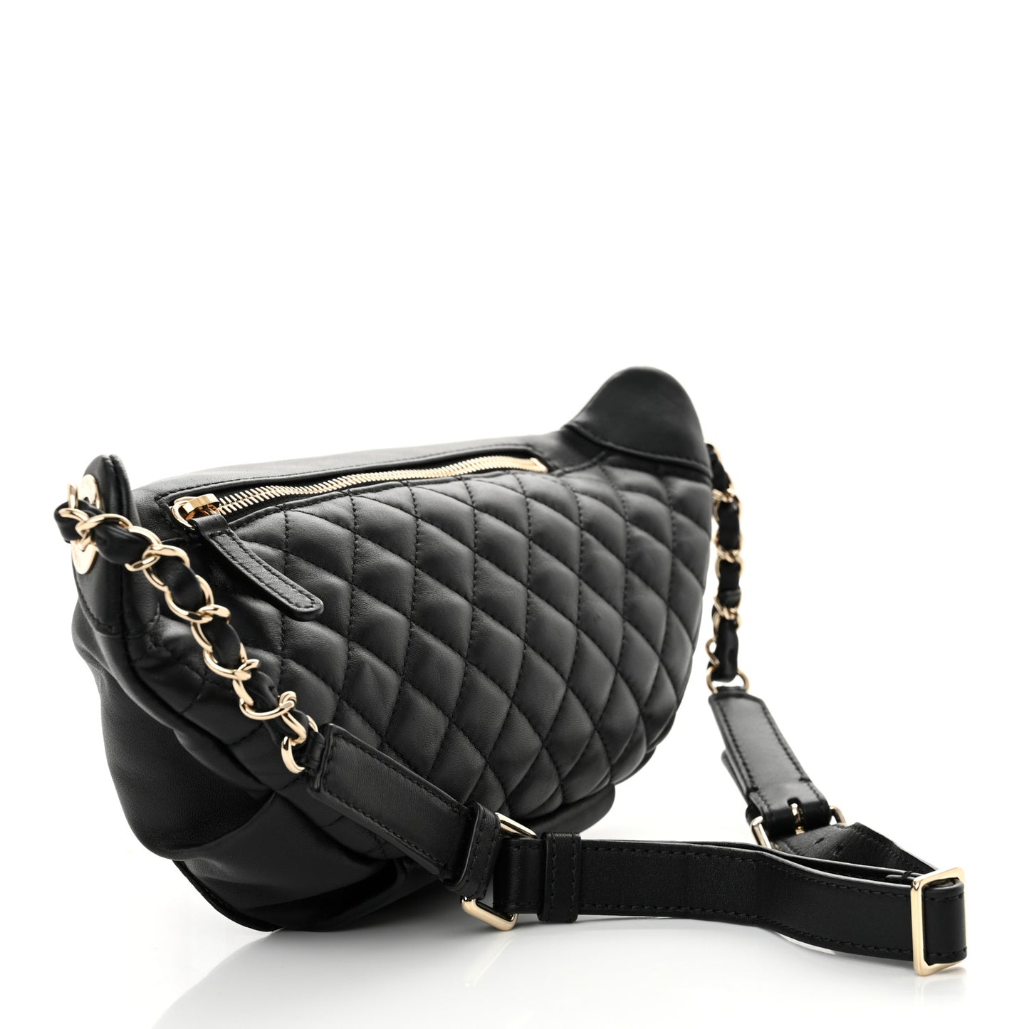 Crumpled Glazed Lambskin Quilted Waist Bag Fanny Pack Black