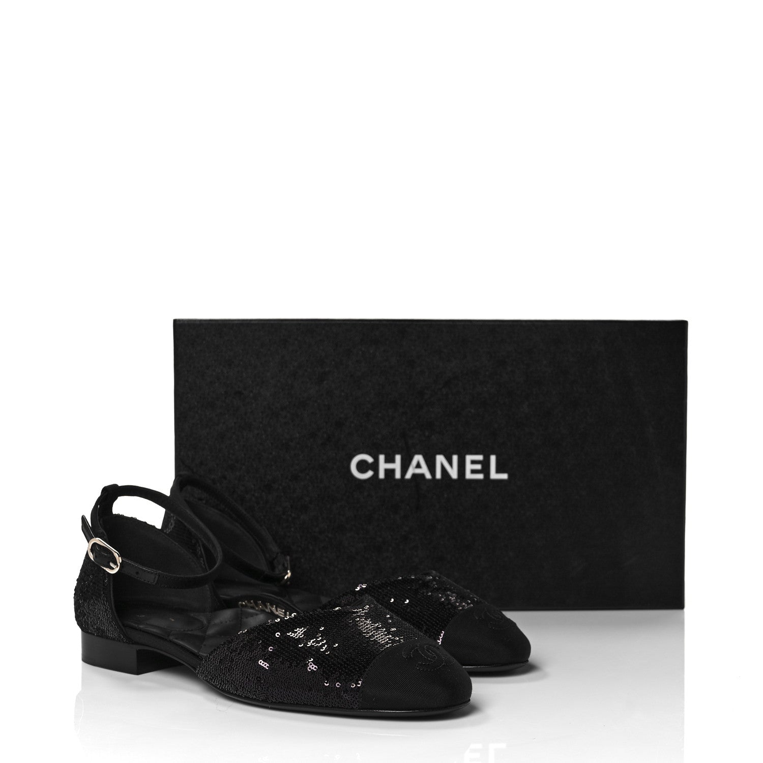 Chanel Sequin Grosgrain CC Cap Toe Ankle Flat 37.5 Black 9 of 9