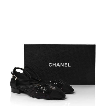 Chanel Sequin Grosgrain CC Cap Toe Ankle Flat 37.5 Black 9 of 9