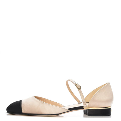 Chanel Satin Cap Toe CC Flats 38 Beige Black 1 of 9