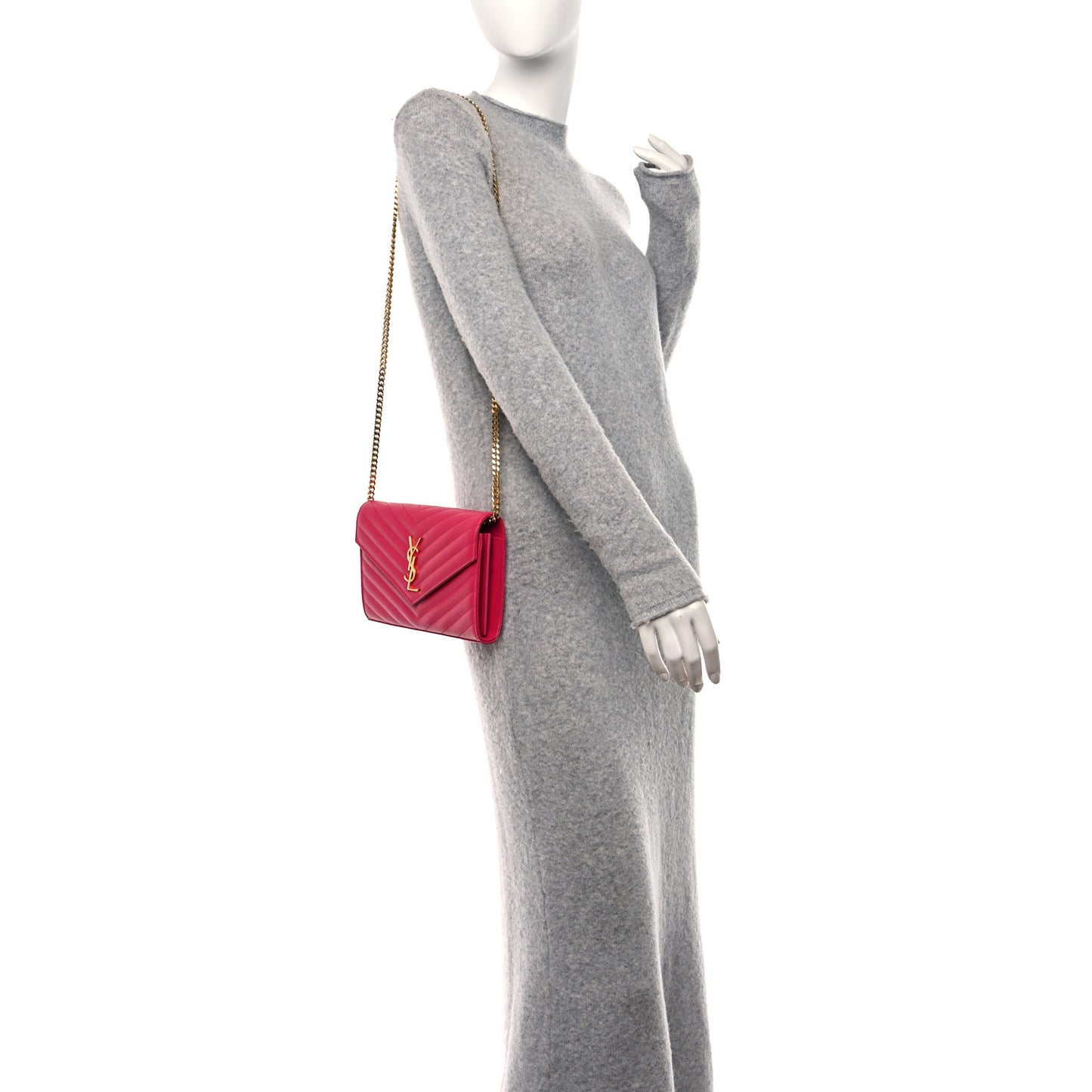 Grain De Poudre Matelasse Chevron Monogram Chain Wallet Lipstick Fuchsia