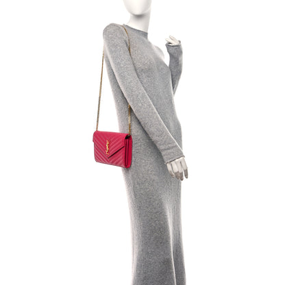 Saint Laurent Grain De Poudre Matelasse Chevron Monogram Chain Wallet Lipstick Fuchsia 2 of 10