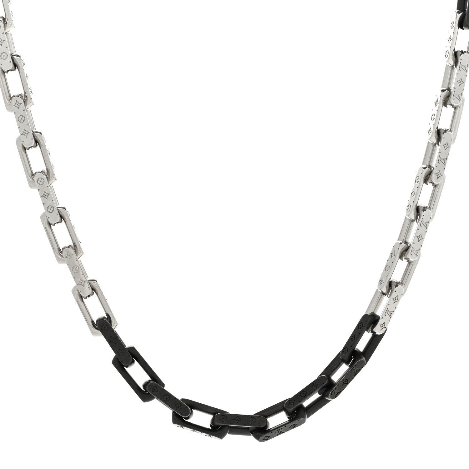 Louis Vuitton Metal Engraved Monogram Chain Necklace Silver Black 1 of 6