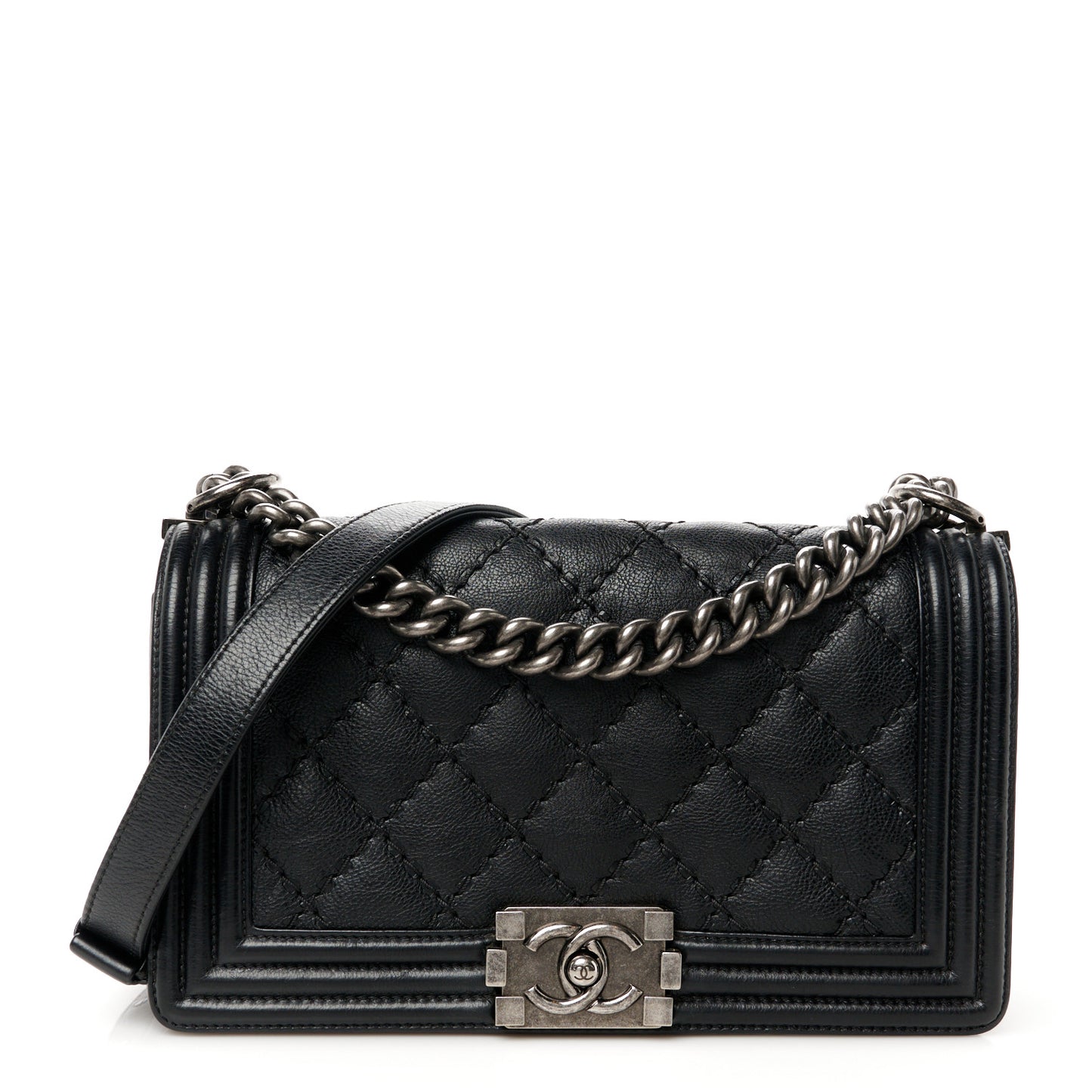 Lambskin Stitch Quilted Medium Boy Flap Black