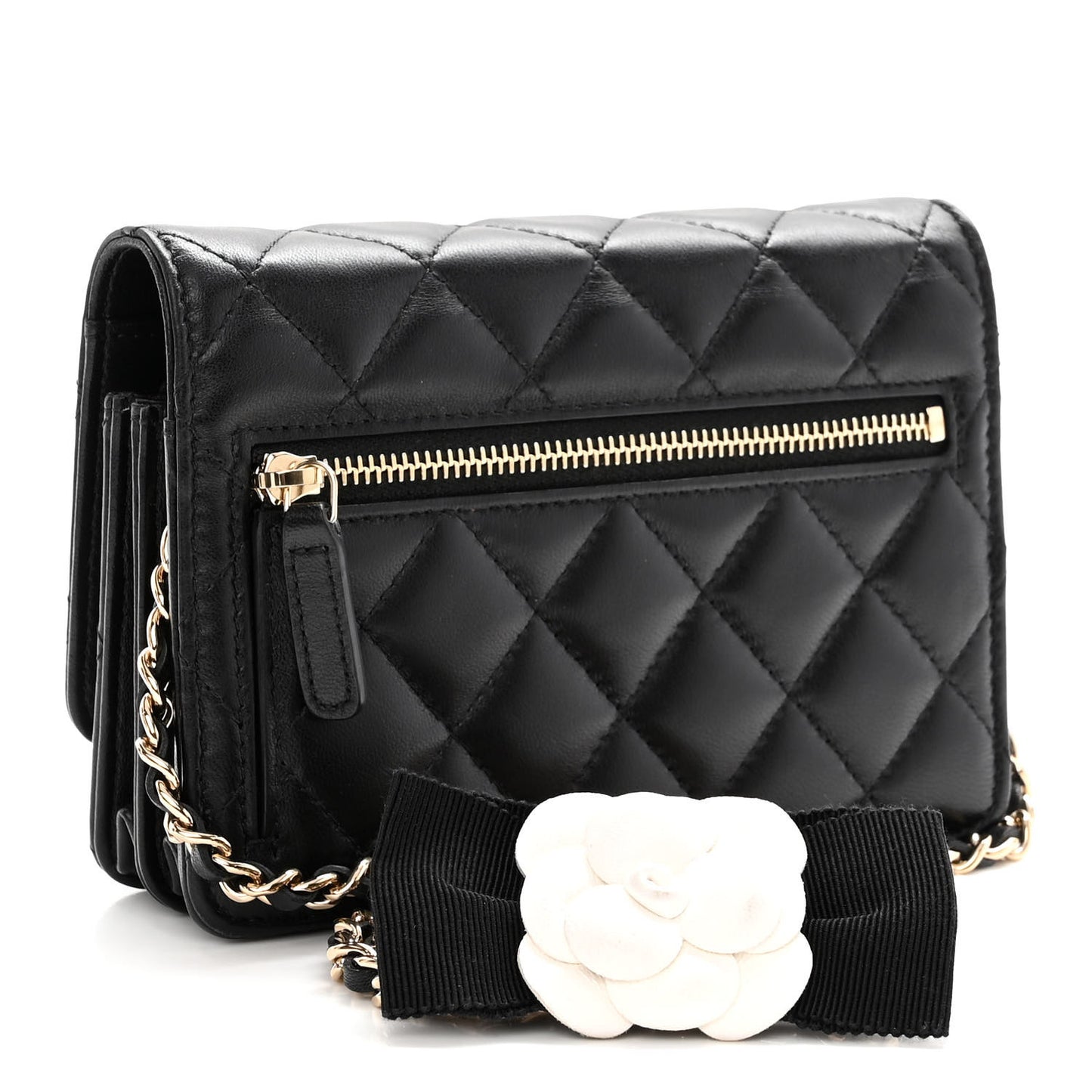 Lambskin Quilted Mini Camellia Bow Wallet On Chain WOC Black