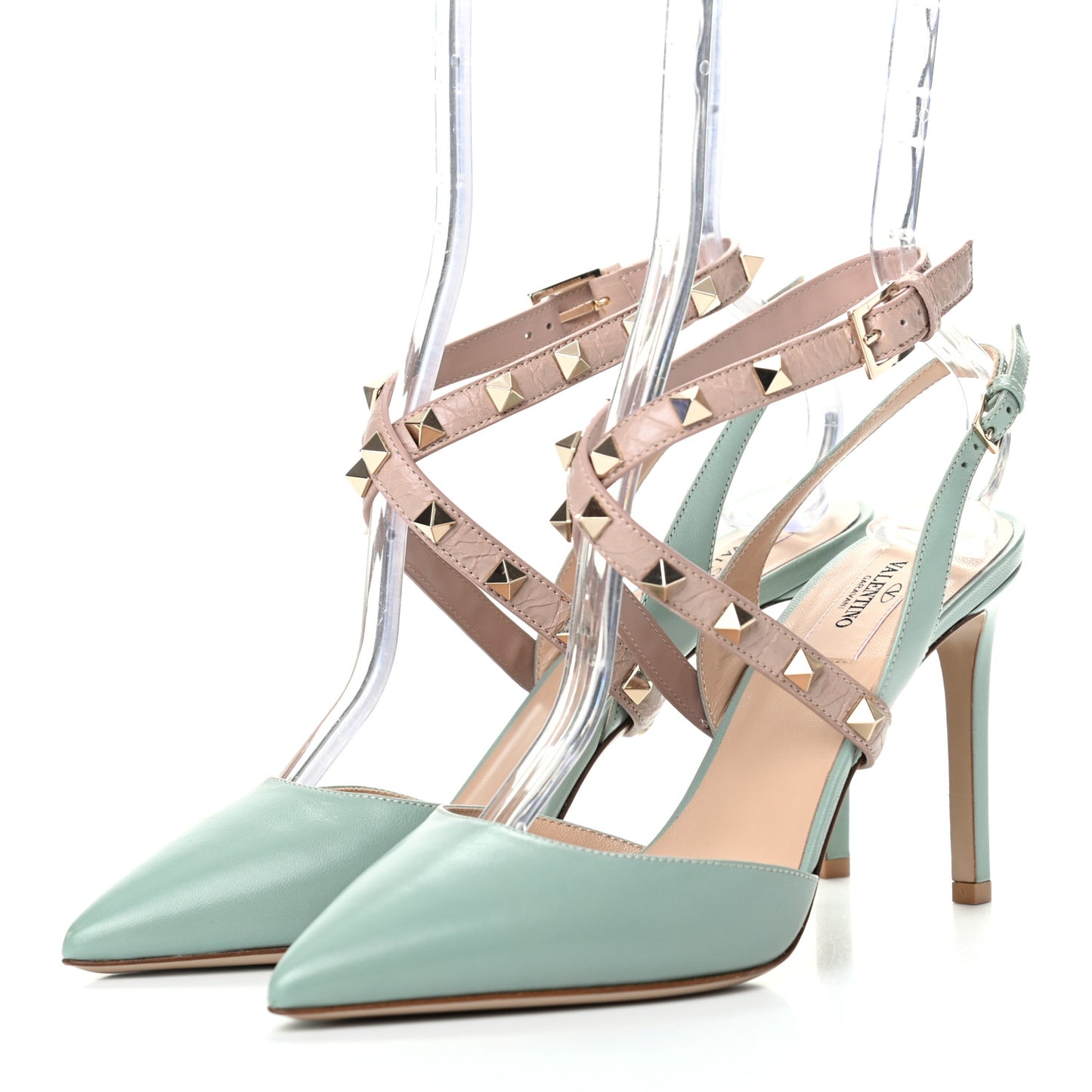Nappa Rockstud Cross Strap Slingback 90mm Pumps 37 Morning Dew Poudre