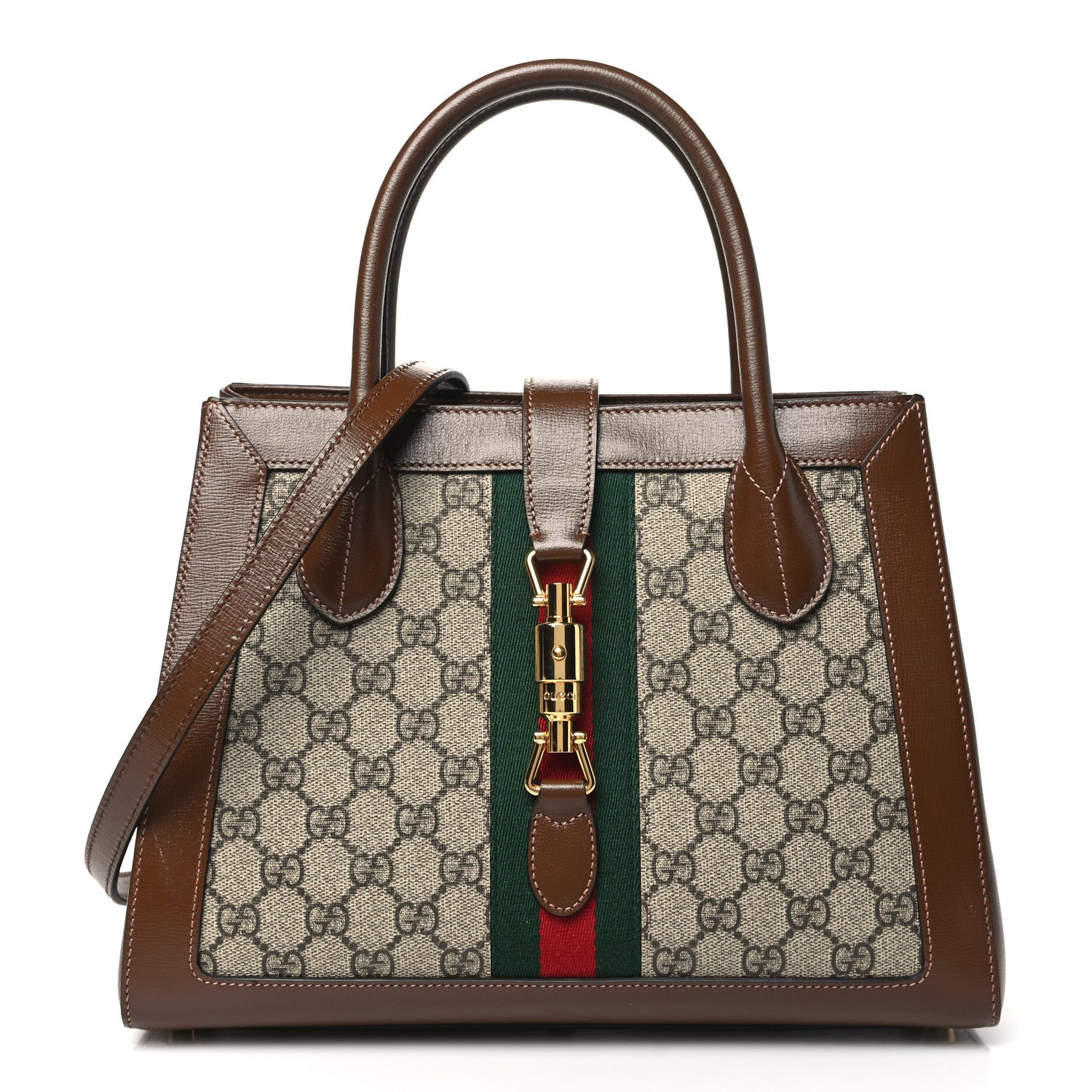 Gucci GG Supreme Monogram Azalea Calfskin Web Medium Jackie 1961 Tote Beige Ebony Brown Sugar 1 of 10