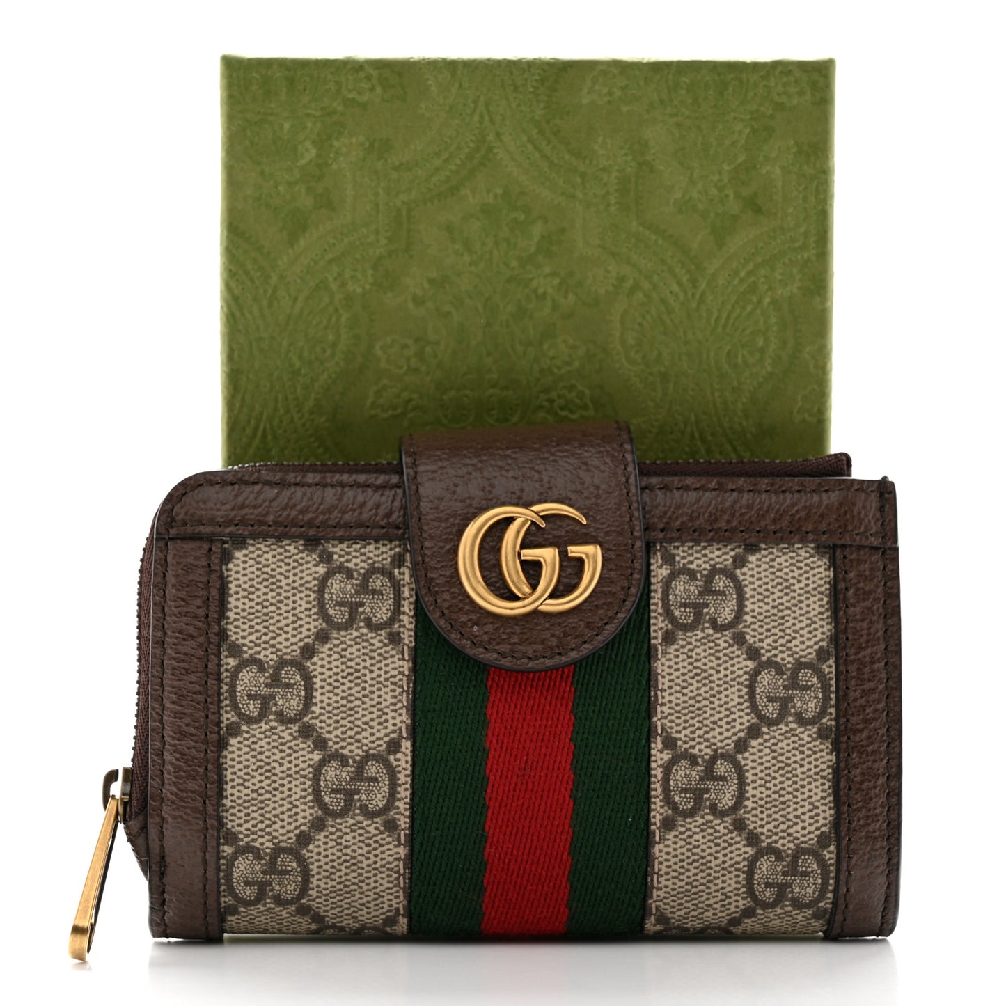 GG Supreme Monogram Textured Dollar Calfskin Web Ophidia Overlay Zip Around Card Case Wallet Beige Ebony New Acero