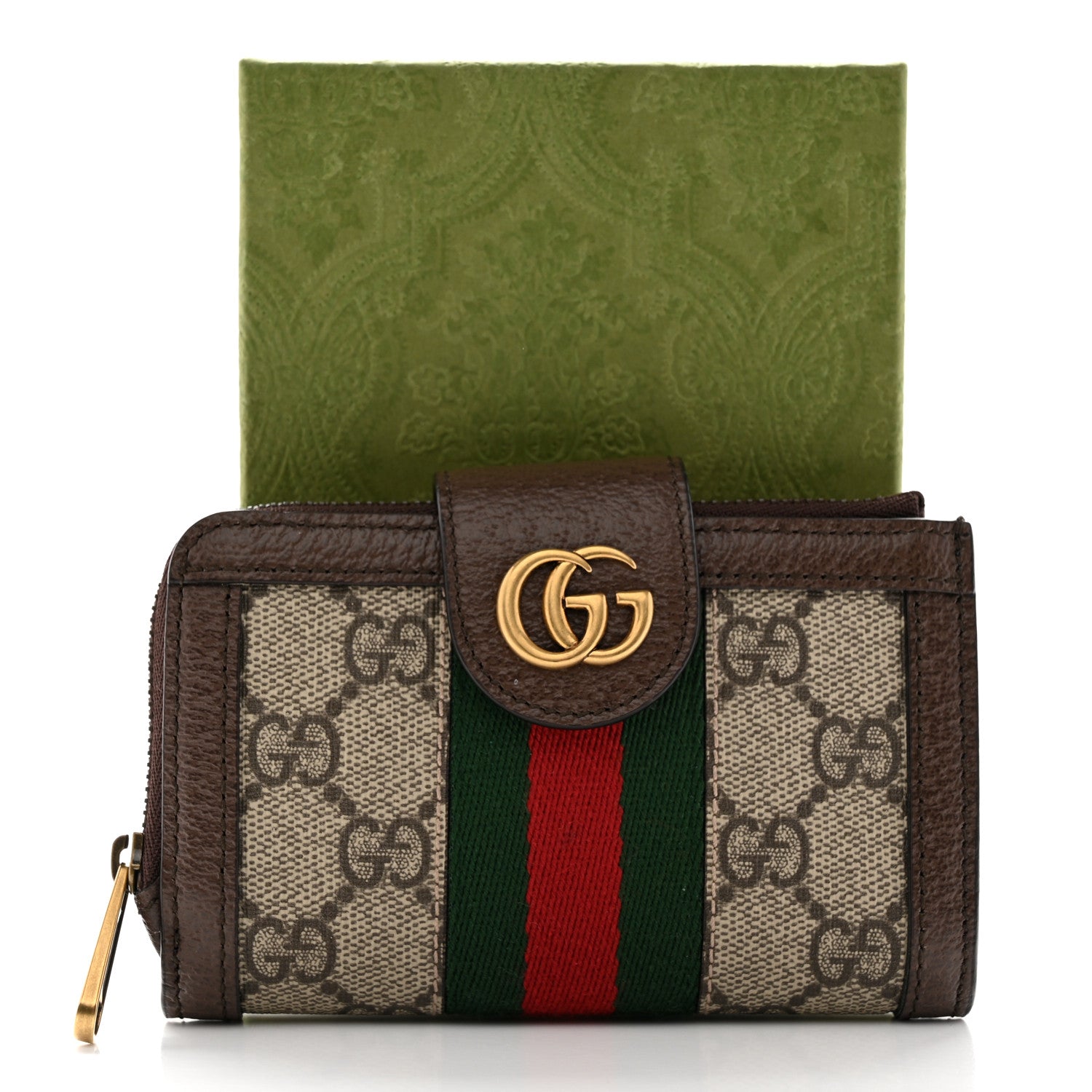 Gucci GG Supreme Monogram Textured Dollar Calfskin Web Ophidia Overlay Zip Around Card Case Wallet Beige Ebony New Acero 9 of 9