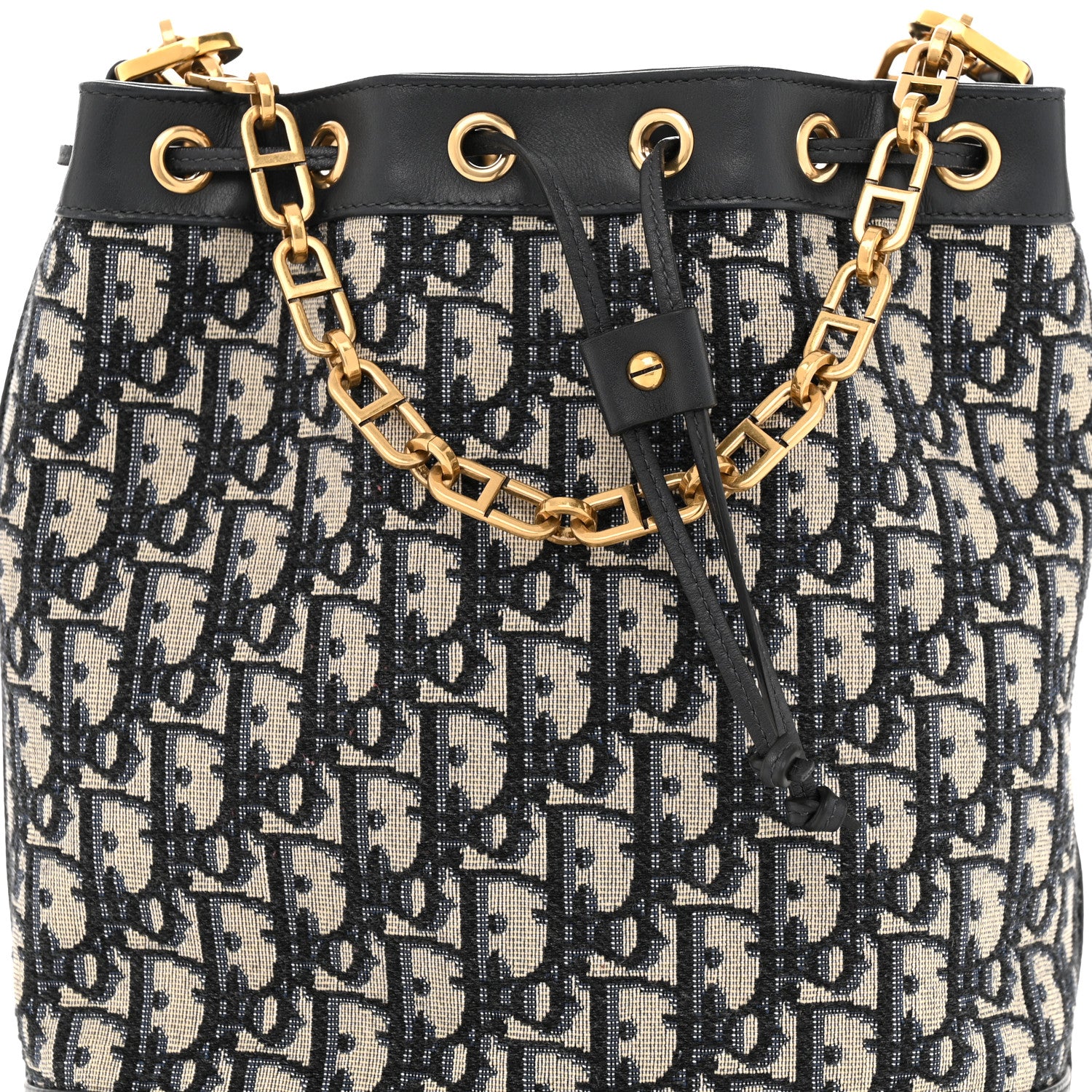Christian Dior Oblique Drawstring Chain Large Bucket Bag Blue 8 of 10