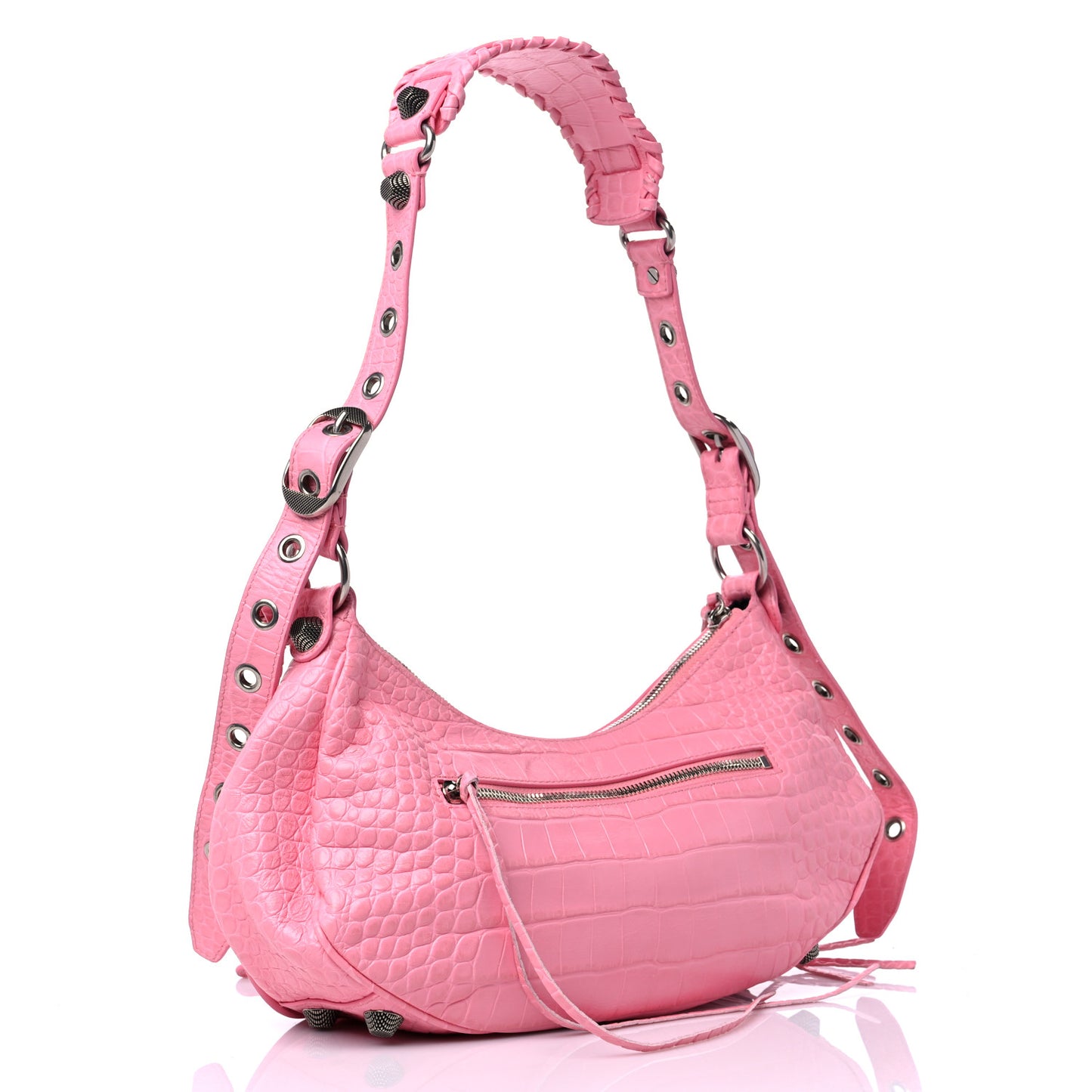 Extra Supple Calfskin Crocodile Embossed Small Le Cagole Shoulder Bag Sweet Pink