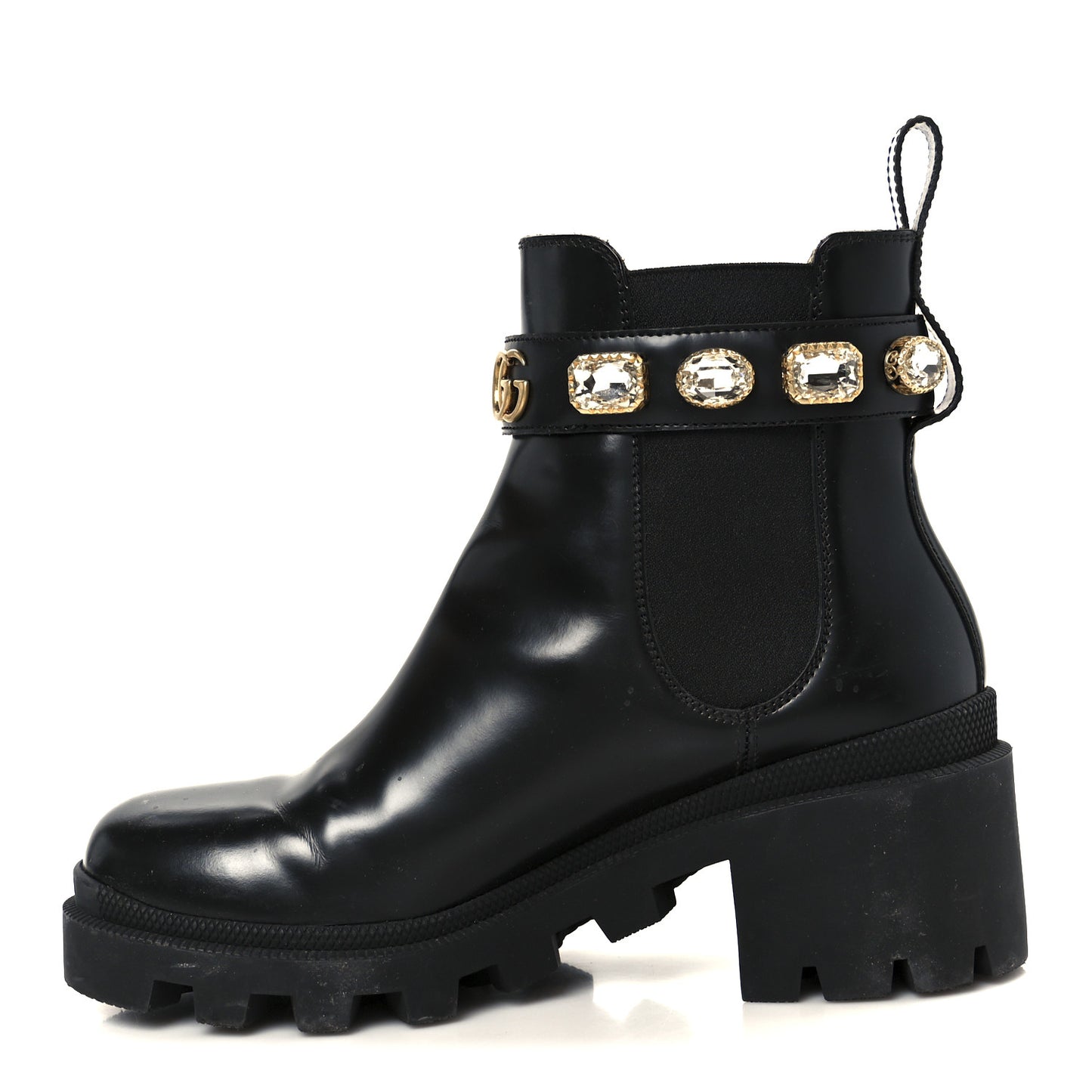 Calfskin Crystal GG Trip Chelsea Ankle Boots 37.5 Black