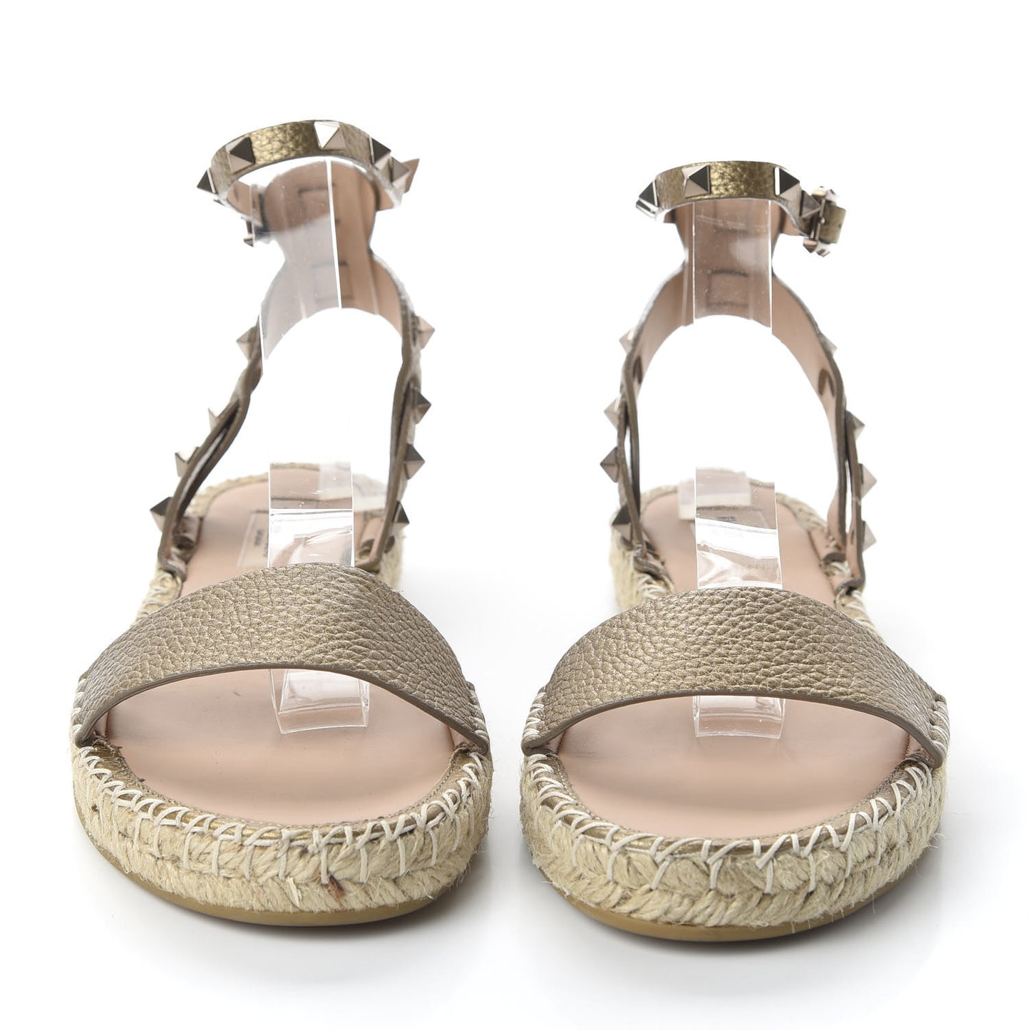 Metallic Calfskin Rockstud Ankle Strap Espadrille Flat Sandals 40 Skin