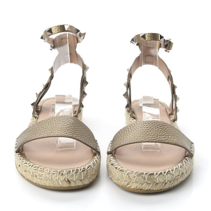 Valentino Garavani Metallic Calfskin Rockstud Ankle Strap Espadrille Flat Sandals 40 Skin 2 of 9