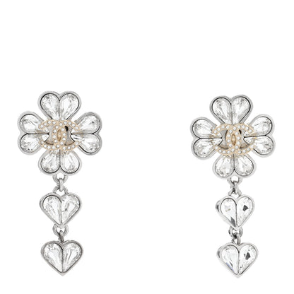 Chanel Crystal CC Clover Heart Drop Earrings Silver Gold 1 of 5