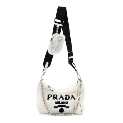 Prada Shearling Logo Embroidered Re-Edition 2005 Shoulder Bag White Black 1 of 8