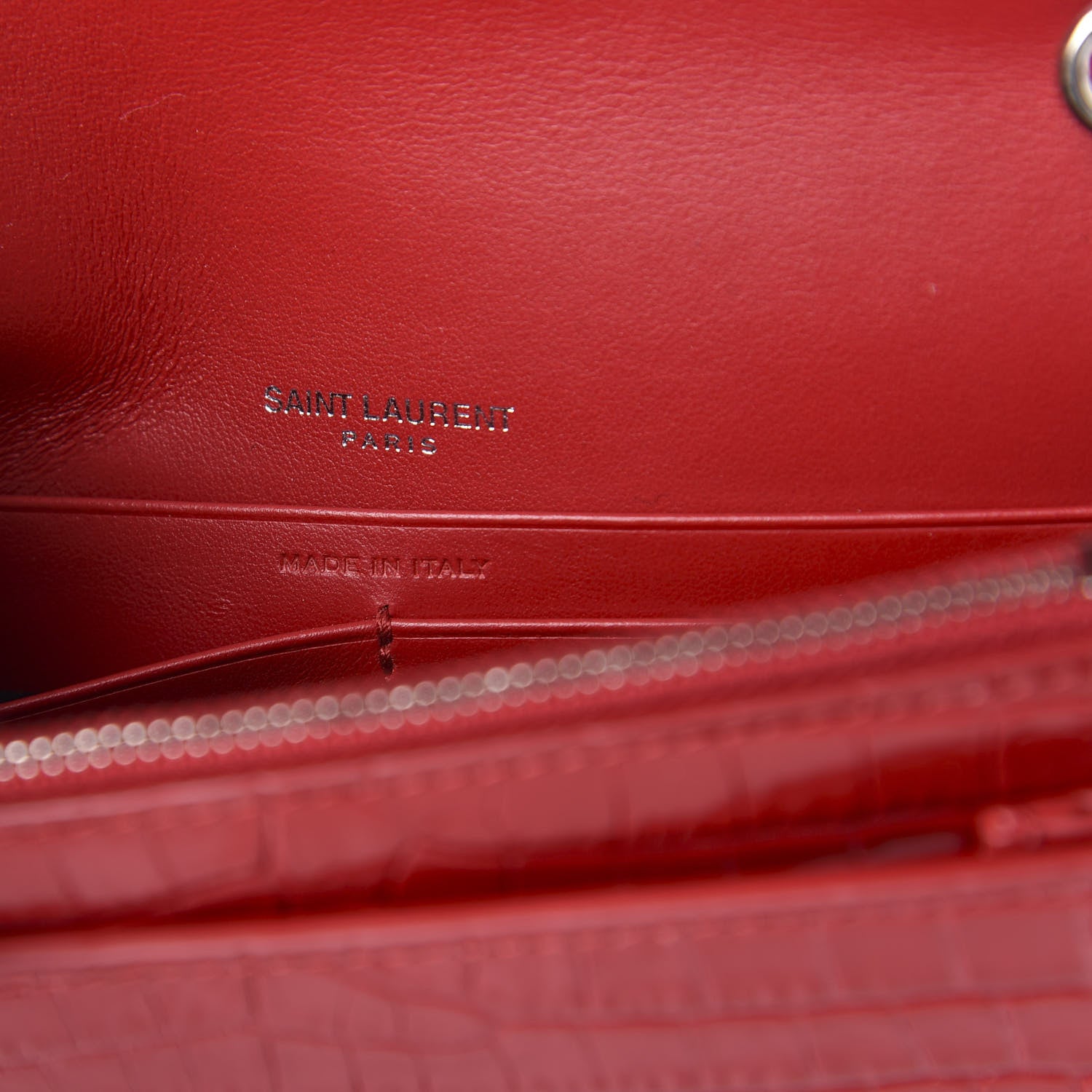 Saint Laurent Calfskin Crocodile Embossed Monogram Sunset Chain Wallet Rouge Eros 6 of 9