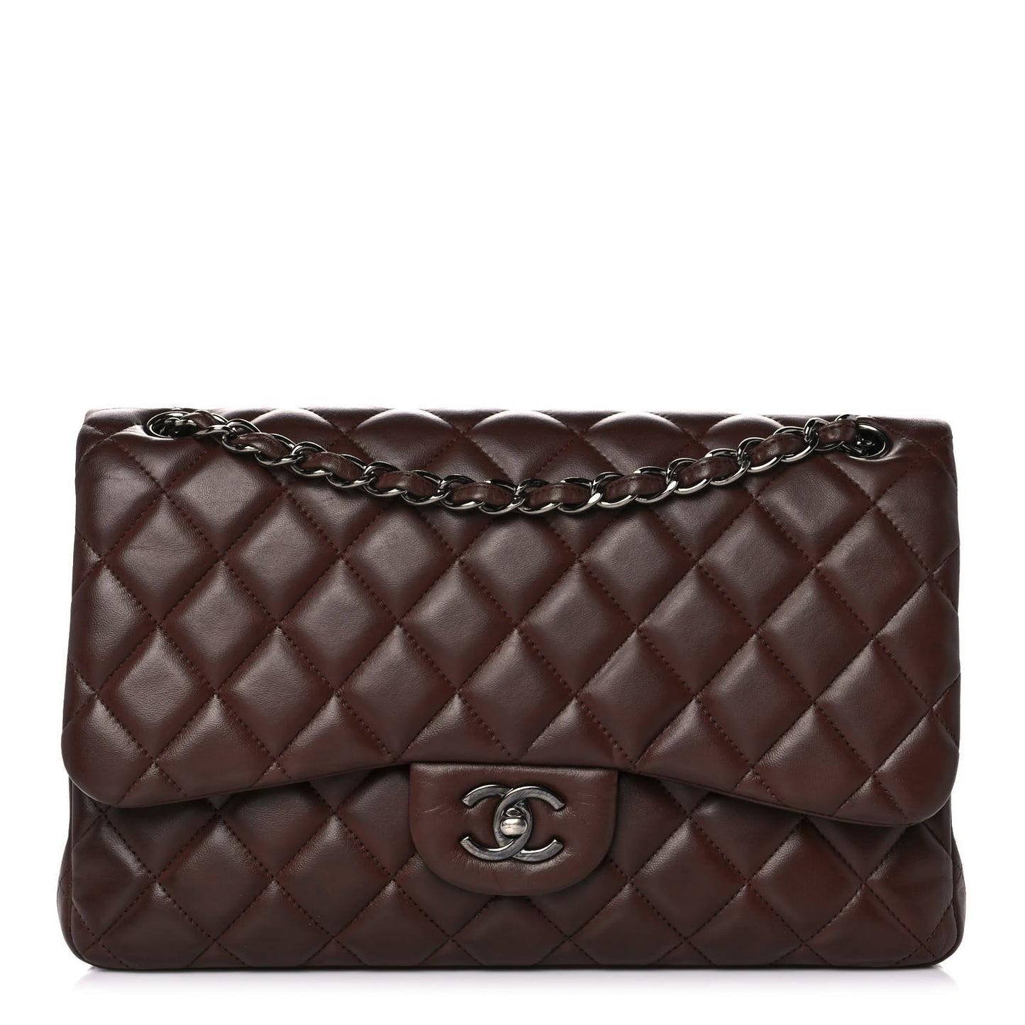 Lambskin Quilted Jumbo Double Flap Dark Brown
