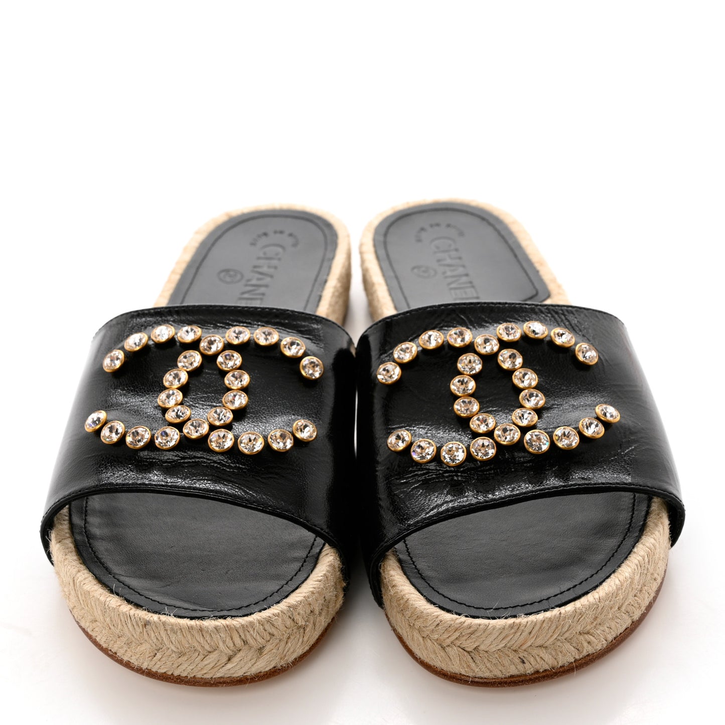 Patent Calfskin Crystal CC Espadrille Slip On Sandals 39 Black