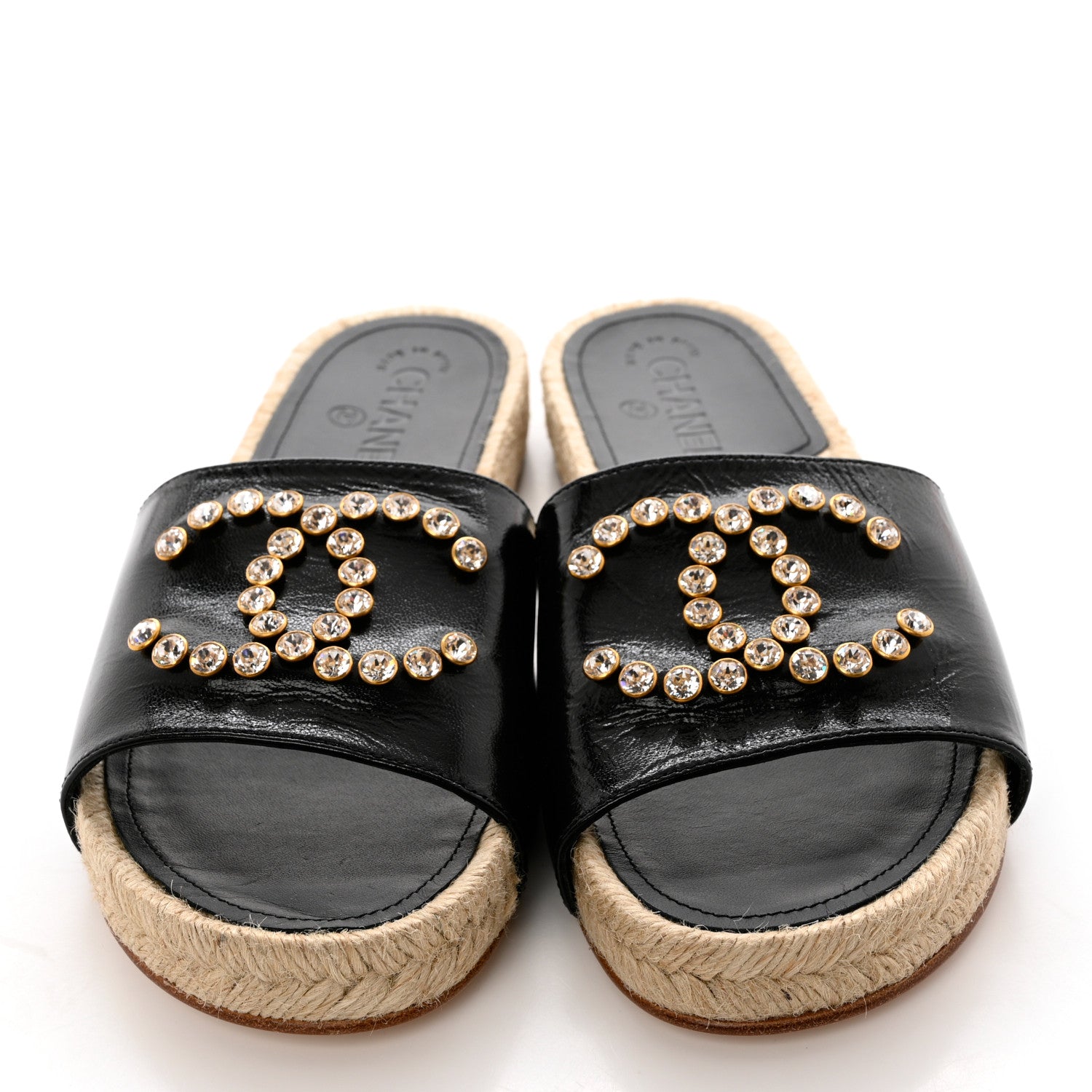 Chanel Patent Calfskin Crystal CC Espadrille Slip On Sandals 39 Black 5 of 11
