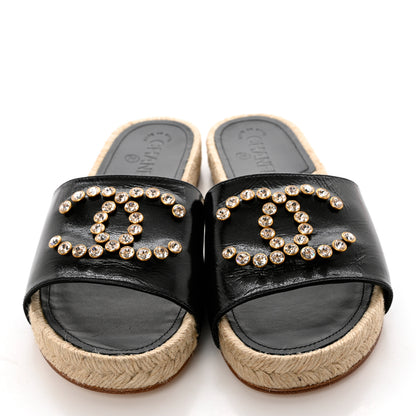 Chanel Patent Calfskin Crystal CC Espadrille Slip On Sandals 39 Black 5 of 11