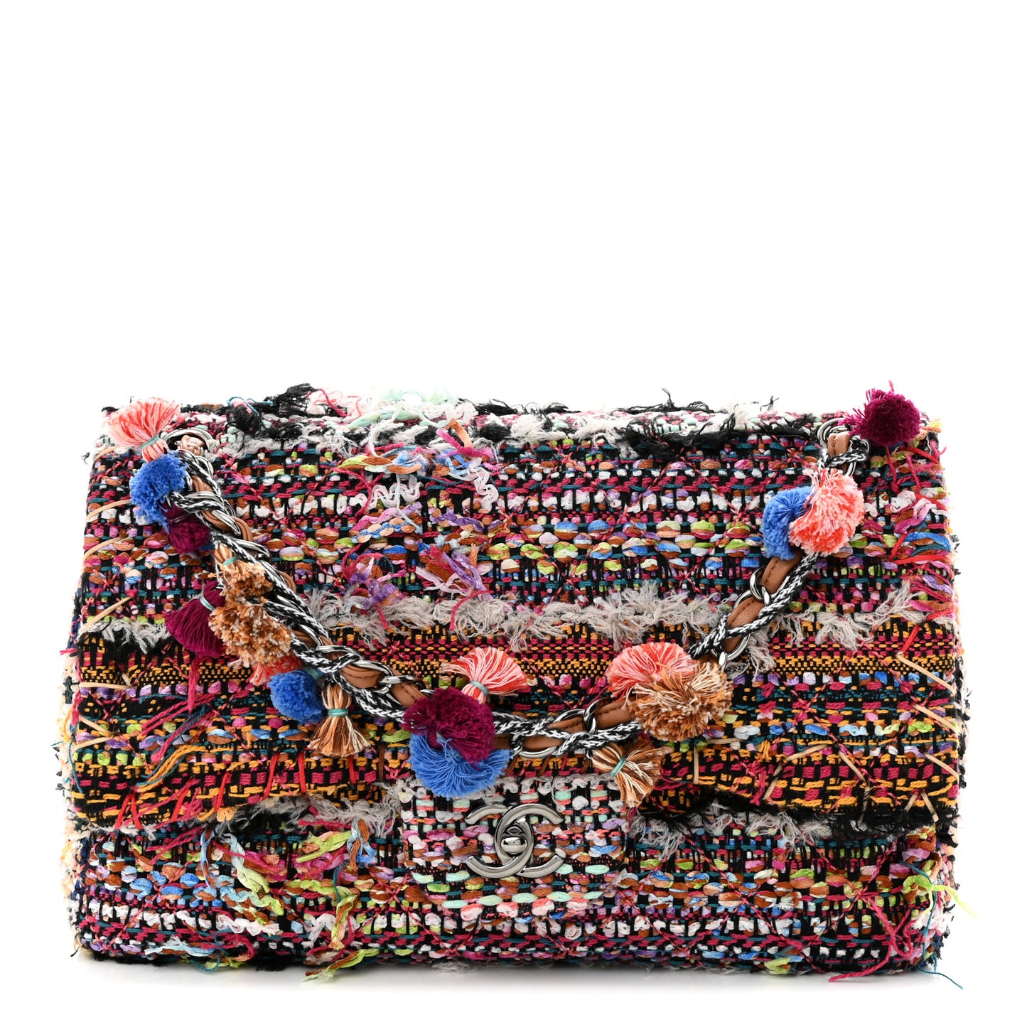 Tweed Pompom Paris Dubai Jumbo Flap Bag Multicolor