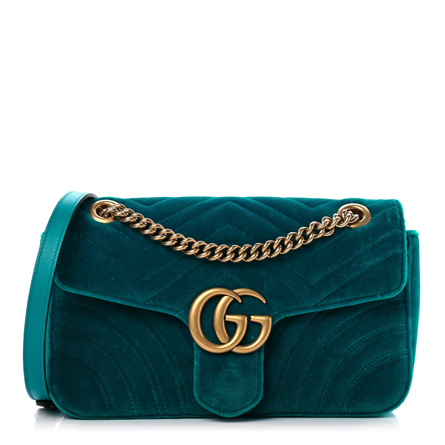 Gucci Velvet Matelasse Small GG Marmont Shoulder Bag Pavone Cyan 1 of 4