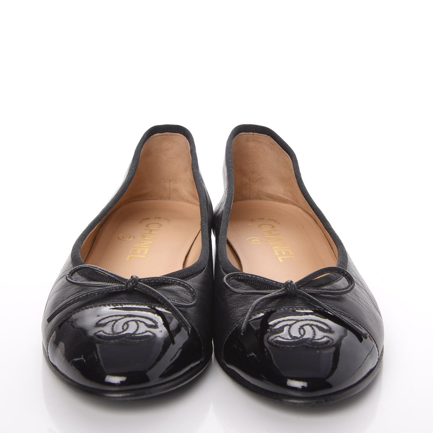 Lambskin Patent Cap Toe Ballerina Flats 38 Black