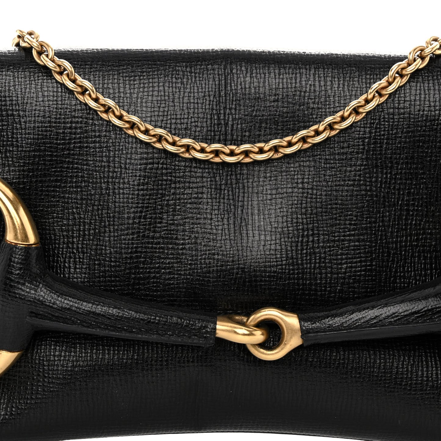 Textured Calfskin Horsebit Chain Clutch Black